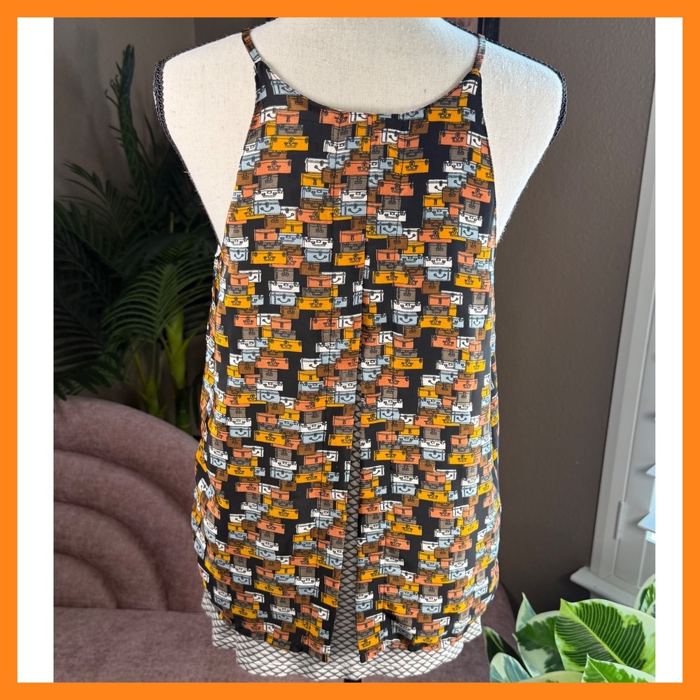 Porridge Tank Top Suitcase Print Sleeveless Black Orange Travel Vacation Size S - Picture 7 of 14